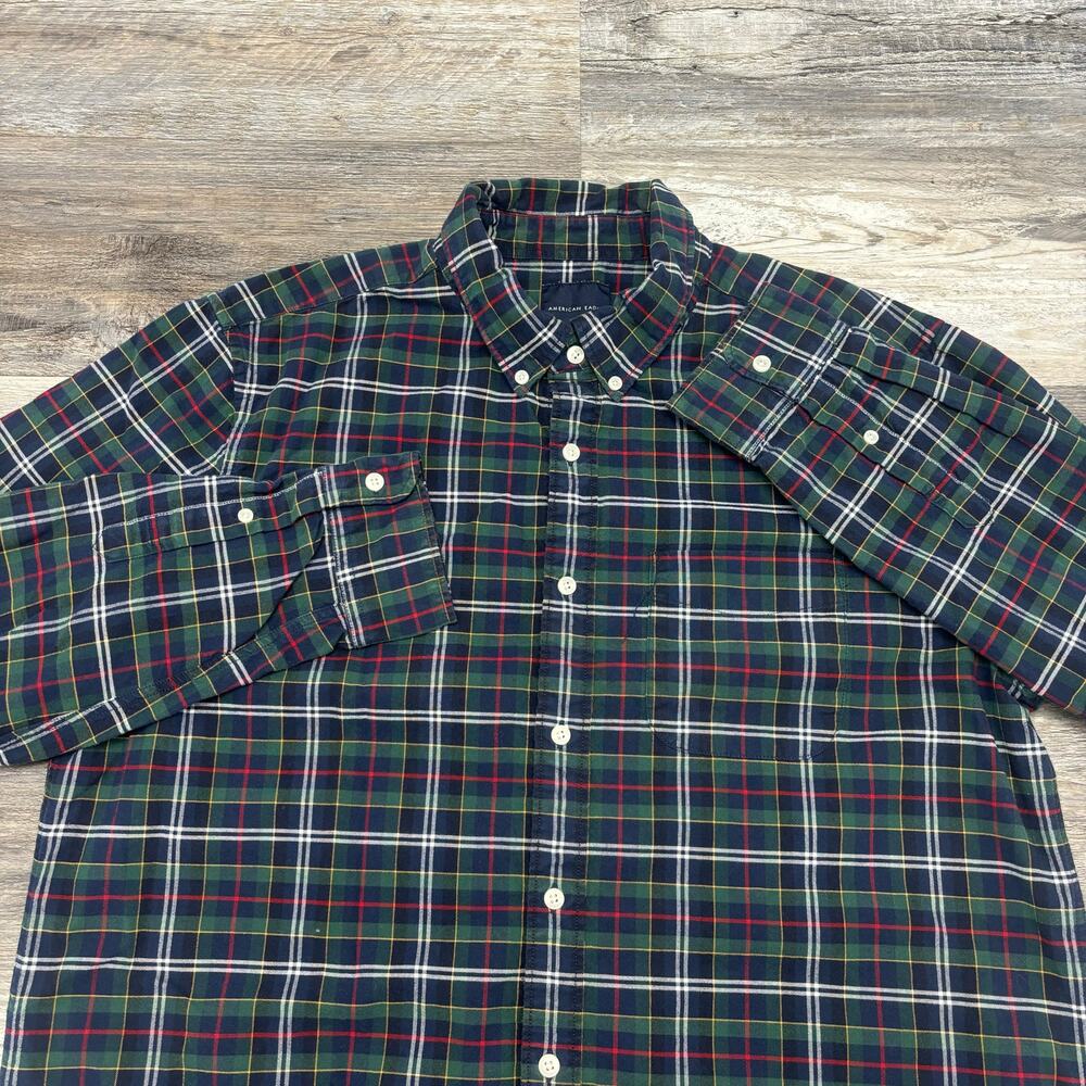 American Eagle Flannel Shirt Tartan Plaid Green Navy Blue XL Button Long Sleeve